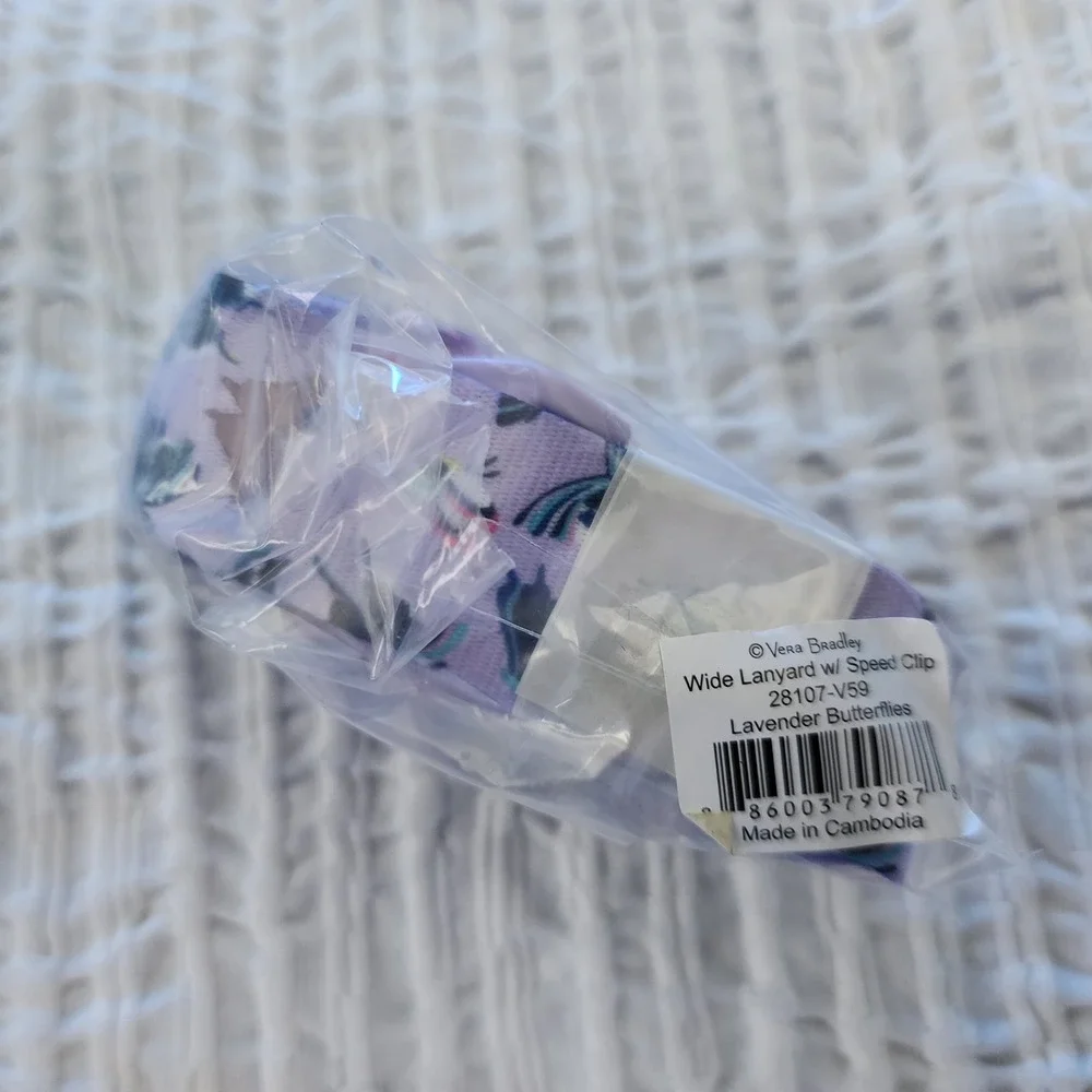 Vera Bradley Wide Lanyard w Speed Clip Lavender Butterflies Purple 28107-V59 NEW